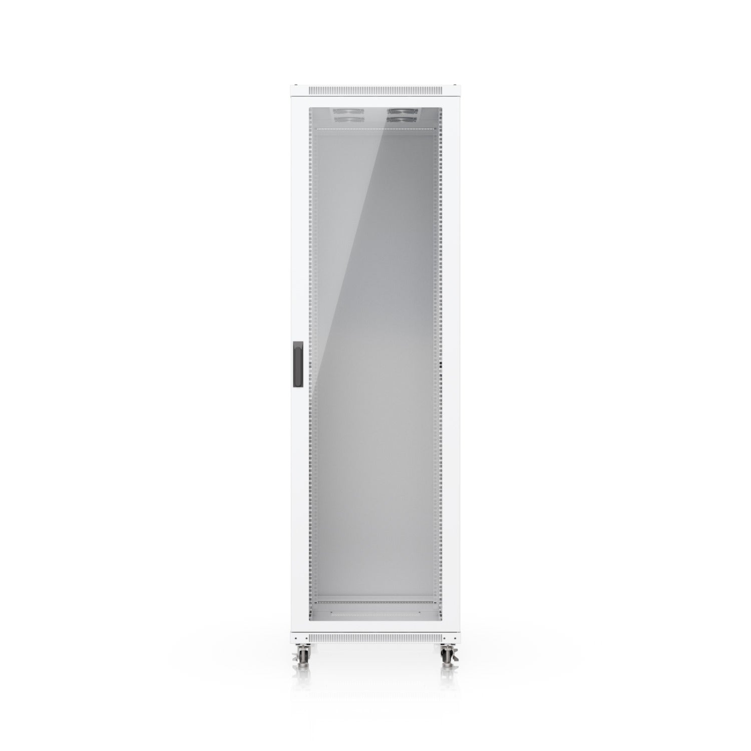 White metal ubiquiti uacc-rack-42u-1000-g server rack cabinet with glass front door and built-in fans on casters