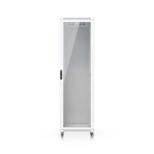 White metal ubiquiti uacc-rack-42u-1000-g server rack cabinet with glass front door and built-in fans on casters