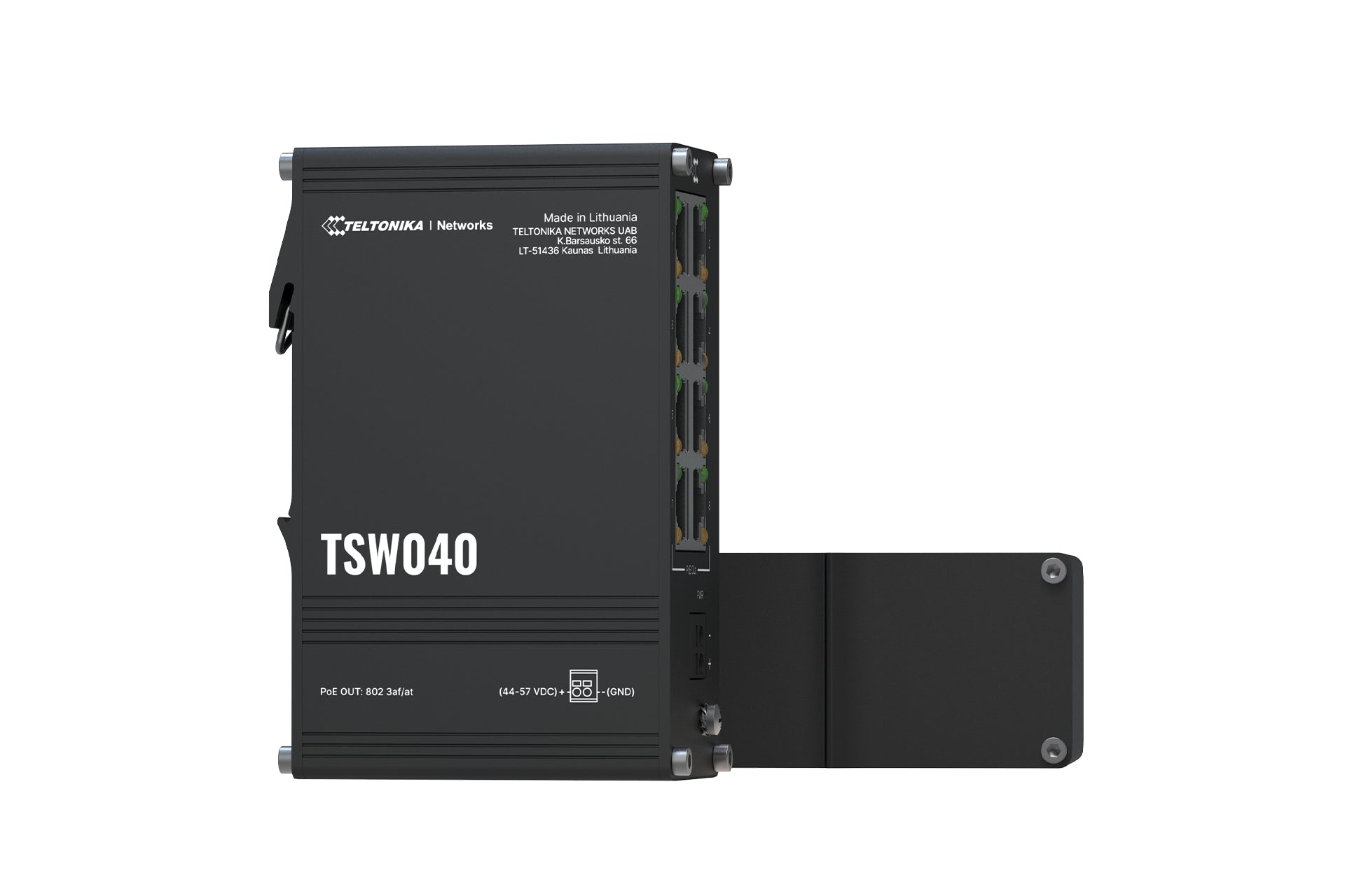 Black teltonika tsw040 8-port poe+ industrial ethernet switch with rugged design and multiple fast ethernet ports