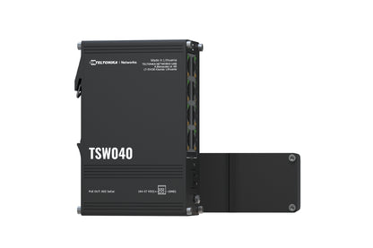 Black teltonika tsw040 8-port poe+ industrial ethernet switch with rugged design and multiple fast ethernet ports