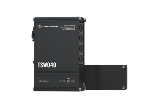 Black teltonika tsw040 8-port poe+ industrial ethernet switch with rugged design and multiple fast ethernet ports