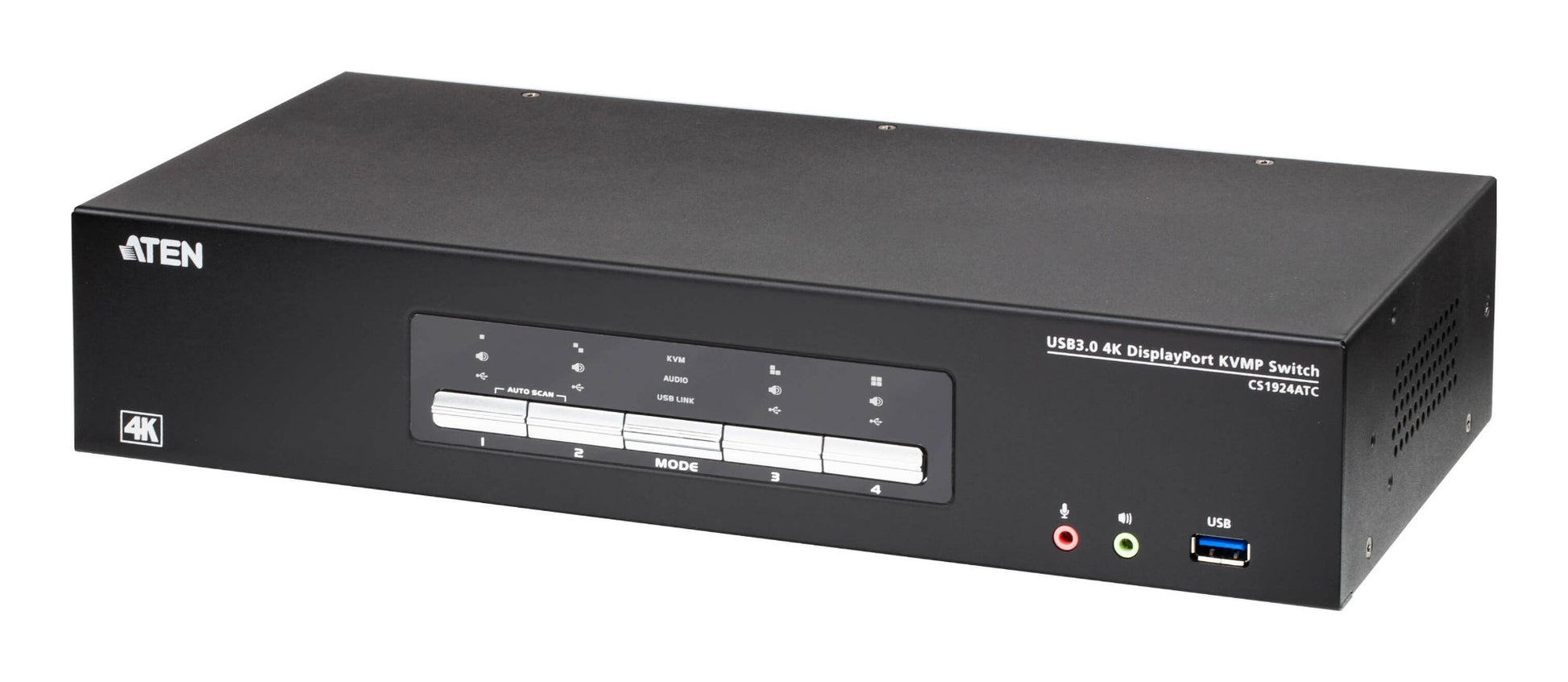 Black aten cs1924atc-at-u 4-port usb 3.0 4k displayport kvmp switch with white buttons and color-coded ports on front panel