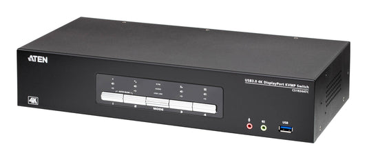 Black aten cs1924atc-at-u 4-port usb 3.0 4k displayport kvmp switch with white buttons and color-coded ports on front panel