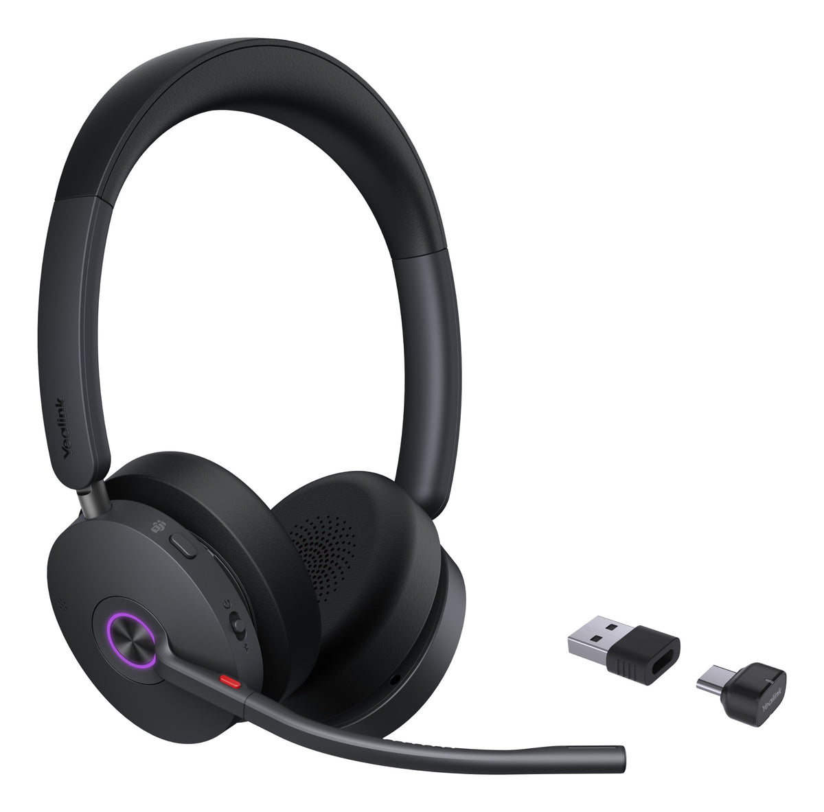 Black over-ear yealink bh74 teams wireless anc stereo headset with purple illuminated button and detachable microphone