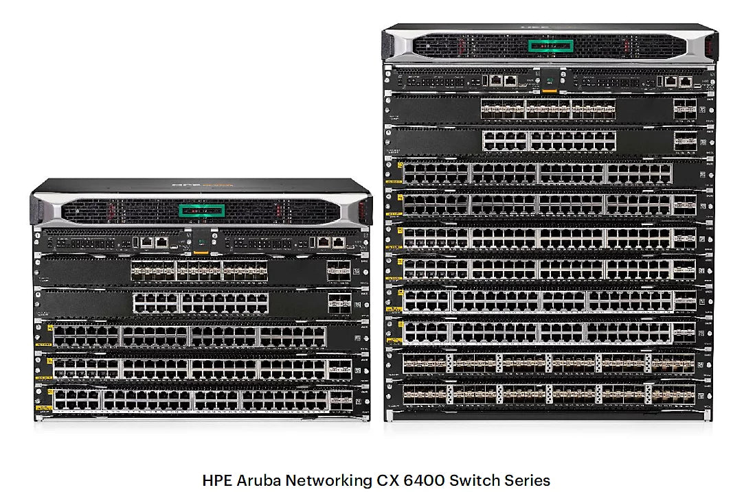 Black hpe aruba networking cx 6400 series 6410 switch with silver accents and multiple rows of network ports