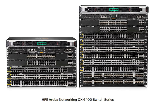 Black hpe aruba networking cx 6400 series 6410 switch with silver accents and multiple rows of network ports