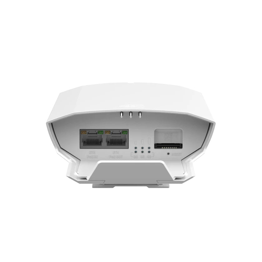 White plastic mesh-style teltonika otd140 outdoor 4g lte router back side with two ethernet ports and usb port