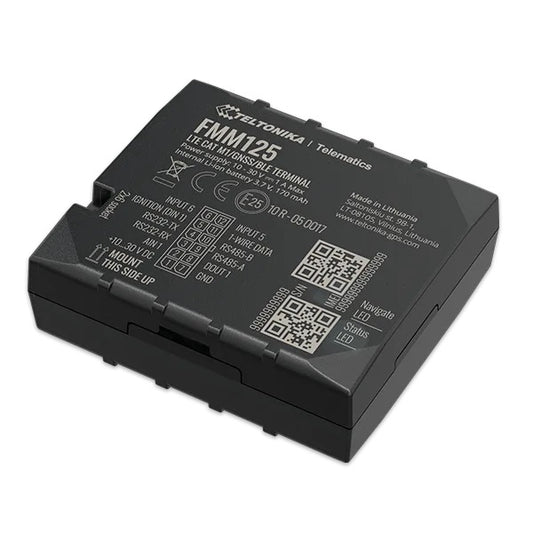 Black Teltonika FMM125 4G LTE Cat M1 GPS vehicle tracker with matte finish and labeled connectors on the back side