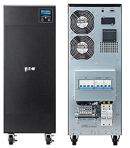Back view of Eaton 9E10KIXL UPS: black perforated server rack with fans, control panel, blue display