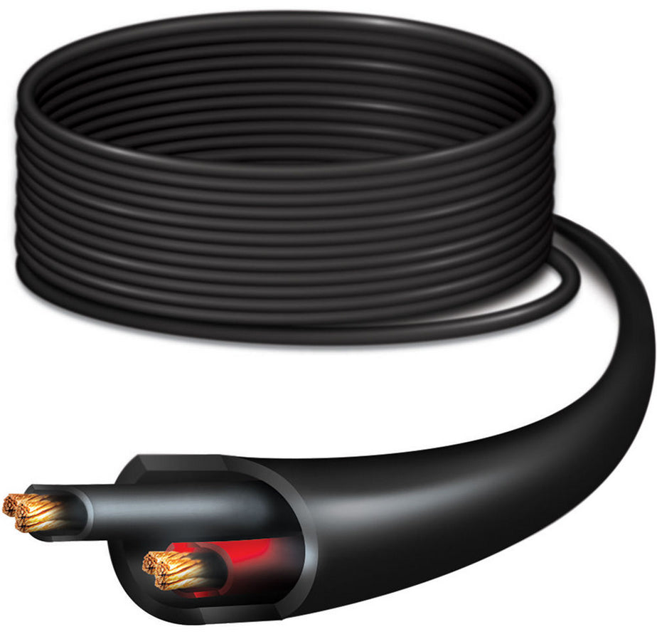 Black coiled ubiquiti pc-12 power cable with exposed copper wires and red insulation for outdoor dc power use