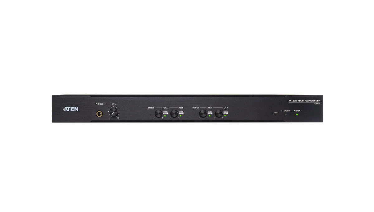 Black aten ap412-at-u 4-channel 120w class-d dsp power amplifier with usb audio and multiple ports for pro sound mixing