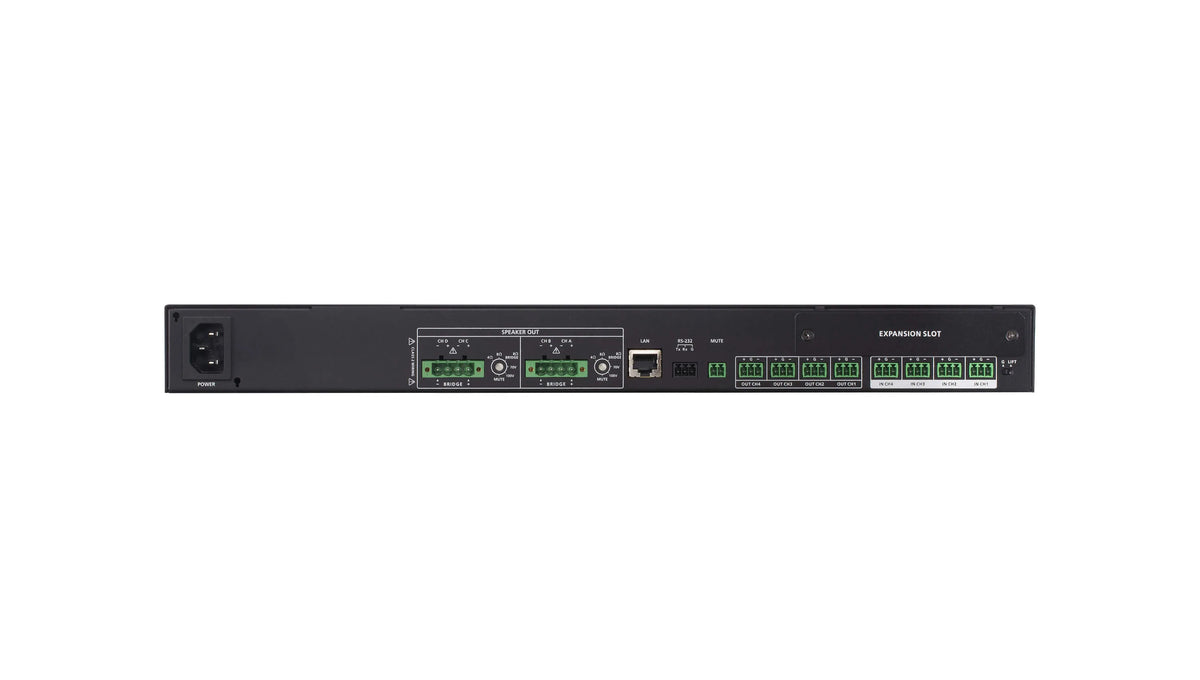 Black rectangular network switch with green terminal blocks and power input port on the back of aten ap412 4-channel amplifier