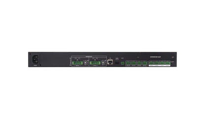 Black rectangular network switch with green terminal blocks and power input port on the back of aten ap412 4-channel amplifier