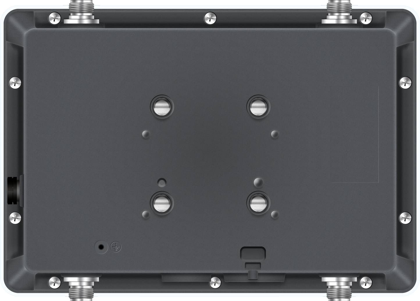 Back of Sophos AP6 420X 2975 Mbit/s PoE Access Point with black rectangular body, silver screws, metallic connectors
