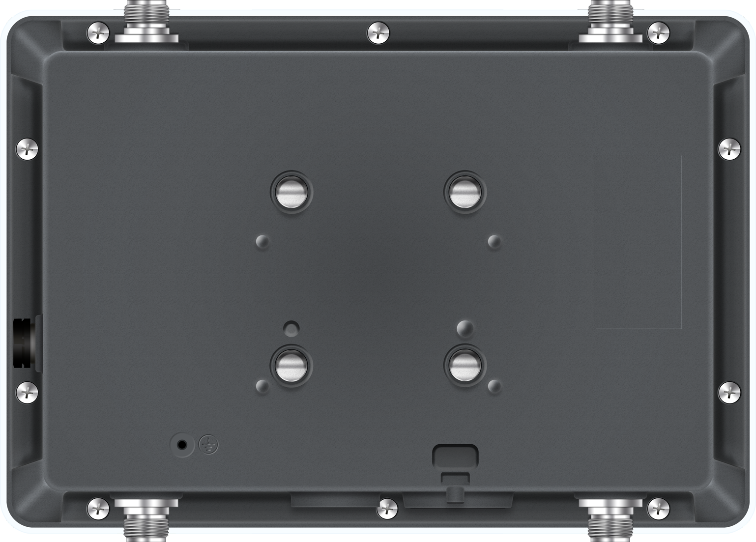 Back of Sophos AP6 420X 2975 Mbit/s PoE Access Point with black rectangular body, silver screws, metallic connectors