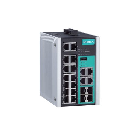 Moxa EDS-518E-MM-ST-4GTXSFP Managed Gigabit Ethernet Switch With 12 10/100Baset(X) Ports, 4 10/100/1000Baset(X) Or 100/1000Basesfp Ports, 2 100Basefx Multi-Mode Ports With St Connectors, -10 To 60 C Operating Temperature