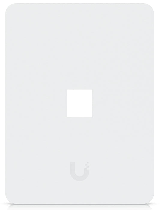 White rectangular uplink wireless access point with central square port and subtle logo ubitiqui ubiquiti unifi keystone wall plate