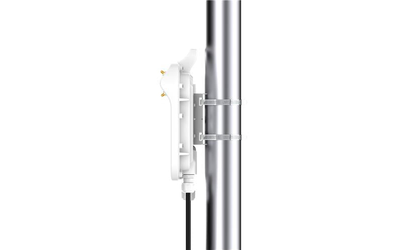 White plastic mounting bracket with metallic clamps securing silver pole on cambium networks epmp 4500c access point