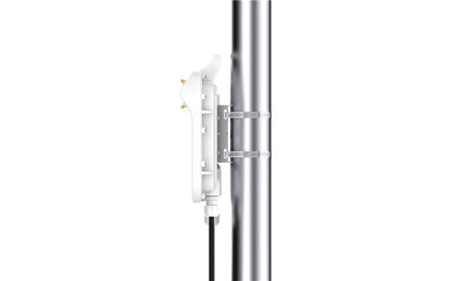 White plastic mounting bracket with metallic clamps securing silver pole on cambium networks epmp 4500c access point