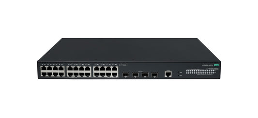 Black hp procurve 2530-48g network switch with multiple ethernet ports and green power indicator light, front view