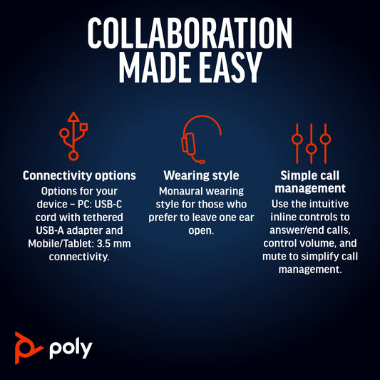 Poly 8X230A6 | Blackwire 5210 Monaural USB-C Headset, 3.5mm Plug, USB-C/A Adapter
