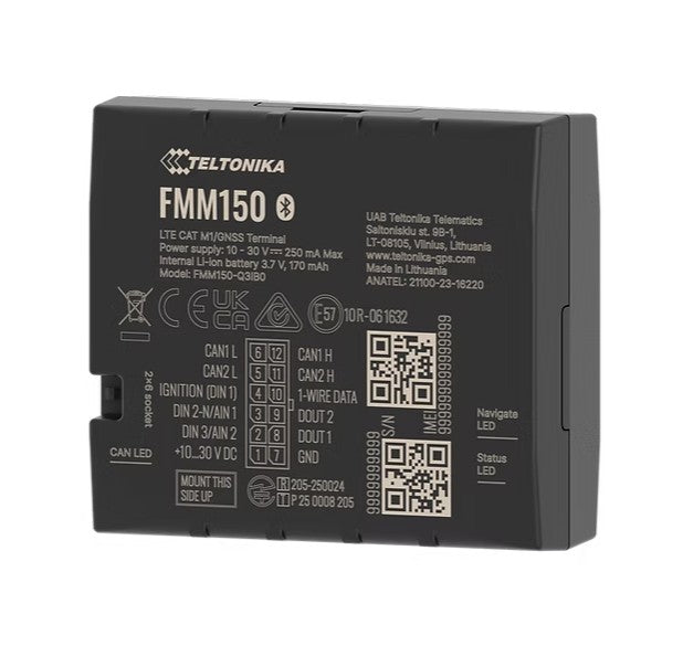 Black teltonika fmm150 advanced 4g lte cat m1 gps tracker with matte finish and white labeling front view