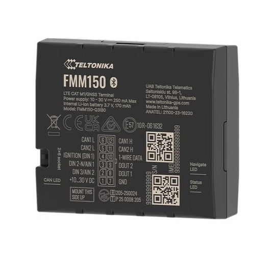 Black teltonika fmm150 advanced 4g lte cat m1 gps tracker with matte finish and white labeling front view