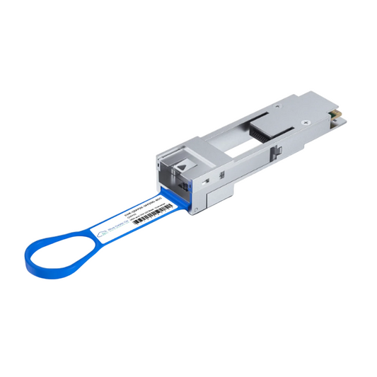 Silver metallic sfp plus transceiver module with blue plastic handle and label for nvidia mellanox qsfp28 adapter