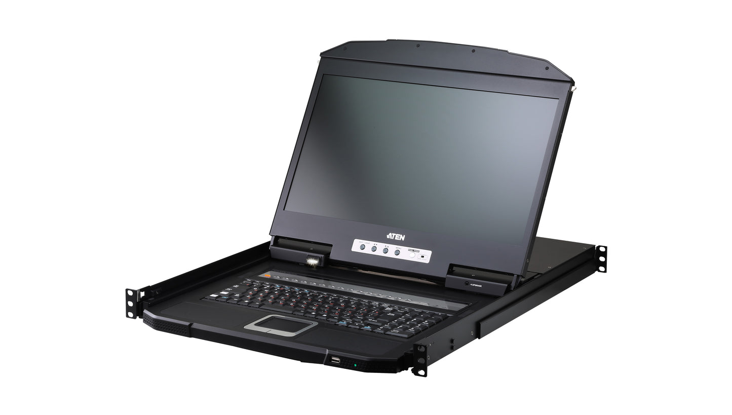 Black aten cl3716inw 16-port usb hdmi single rail lcd kvm over ip switch with rack-mountable keyboard and touchpad