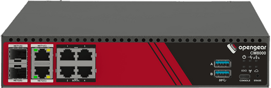 Gray and red opengear cm8004 console manager showing multiple ethernet ports usb connectors and status indicators