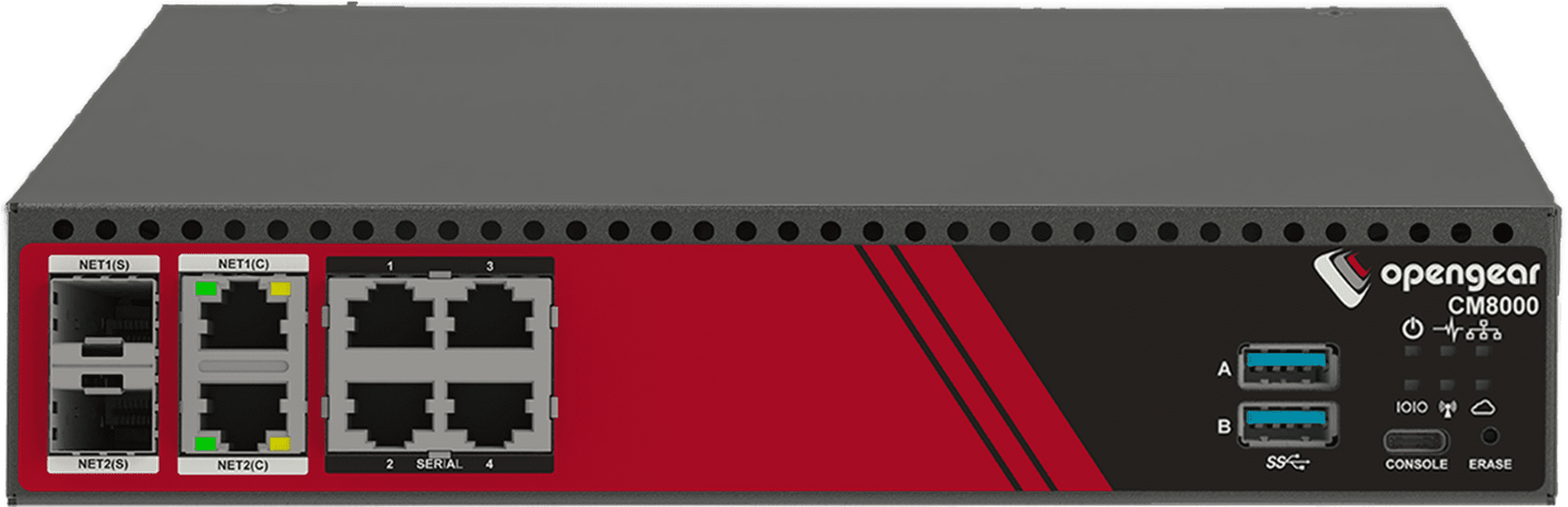 Gray and red opengear cm8004-lsp console manager with 4 rs232 ports, dual 1gbe/sfp, usb connectors, and status indicators back side