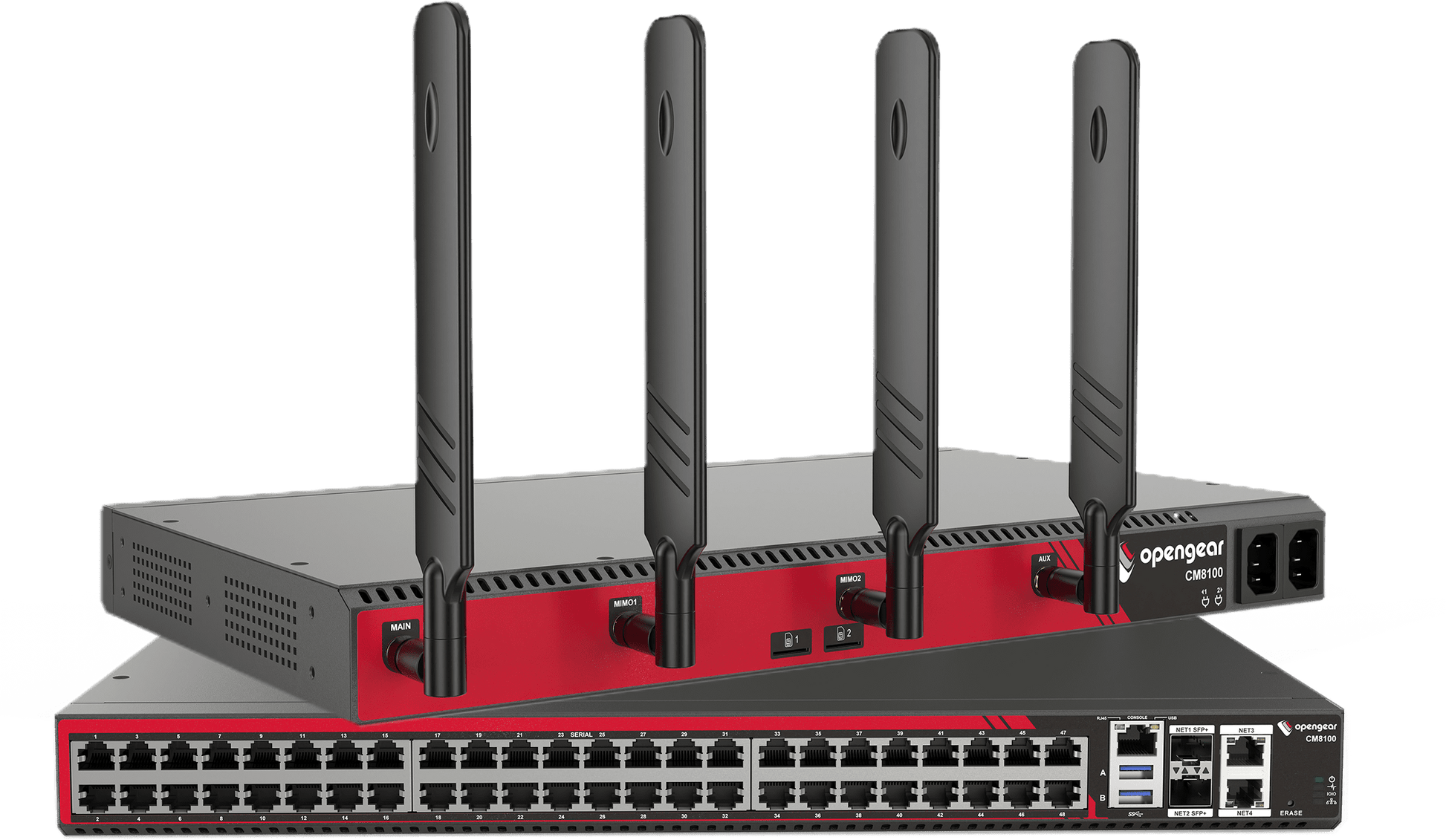 Black and red opengear cmh100 network switch with four vertical antennas in a 48-port console manager with dual 10gbe sfp+