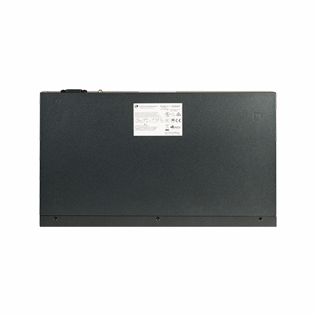 Back panel of black Cambium Networks cnMatrix EX2028-P switch with white label