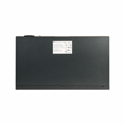 Back panel of black Cambium Networks cnMatrix EX2028-P switch with white label