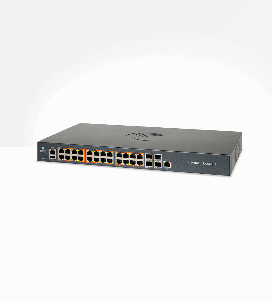 Cambium cnMatrix EX2028-P switch with black body, gold Ethernet ports, blue LED