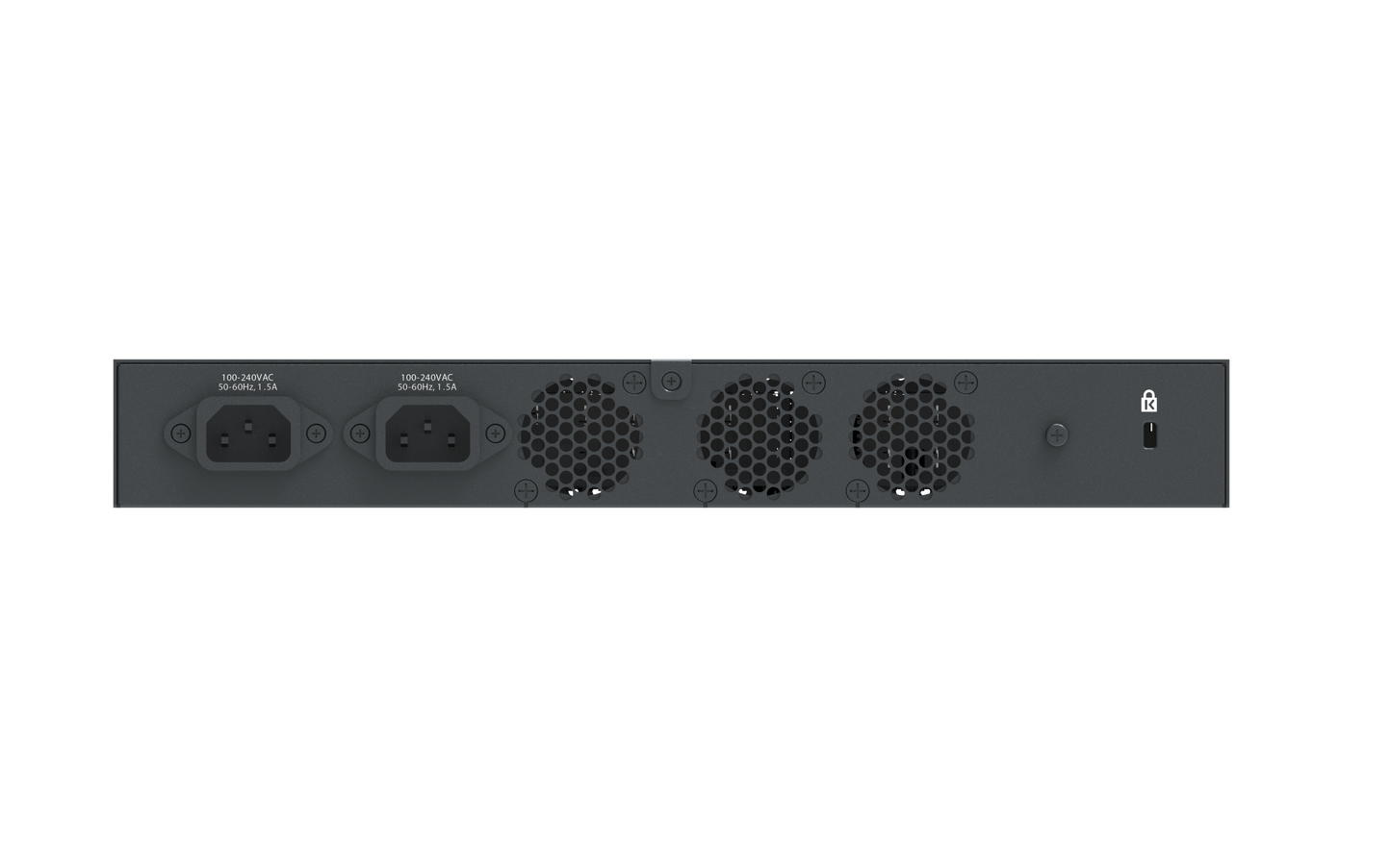Rear view of Cambium cnMatrix EX3024F switch with dark gray chassis, 3 power outlets and 3 hex vents