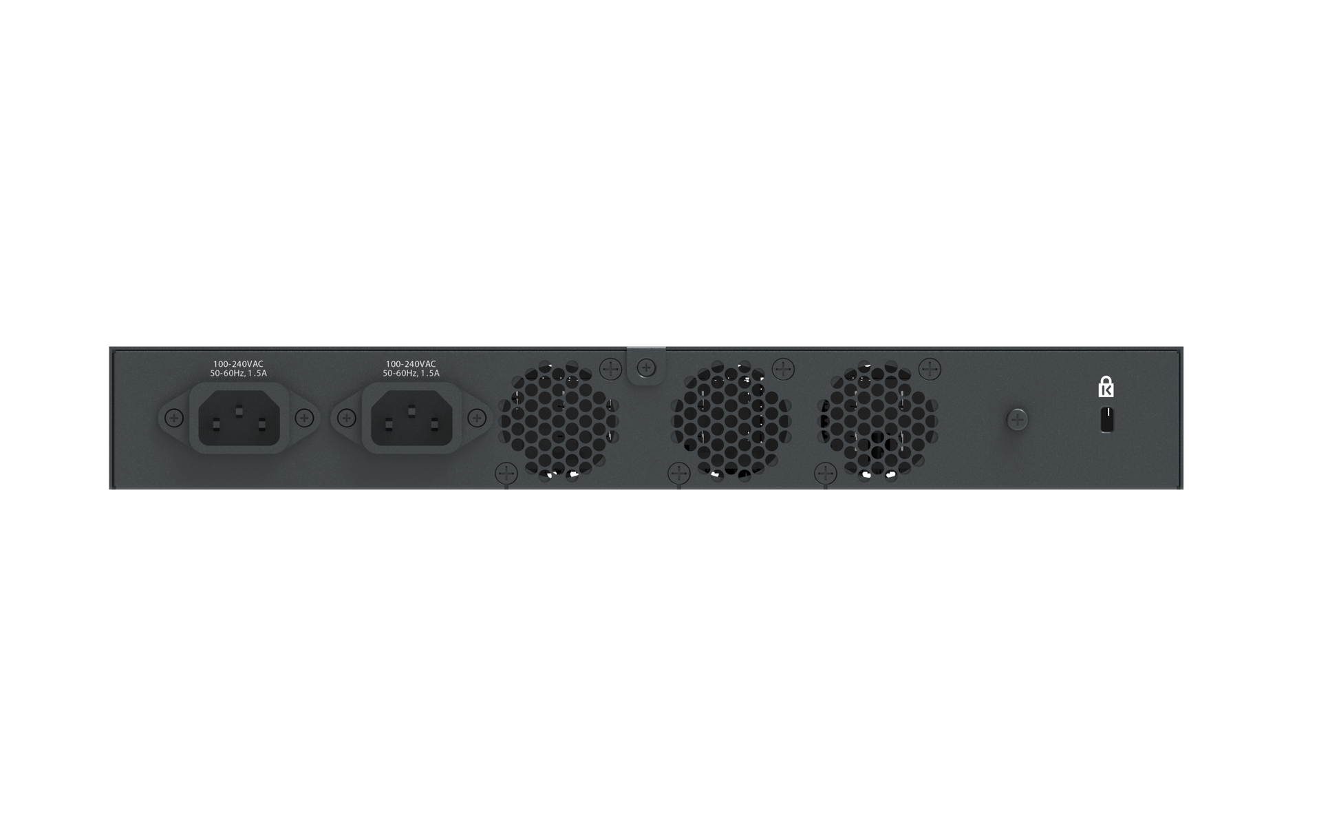 Rear view of Cambium cnMatrix EX3024F switch with dark gray chassis, 3 power outlets and 3 hex vents