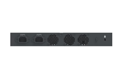 Rear view of Cambium cnMatrix EX3024F switch with dark gray chassis, 3 power outlets and 3 hex vents