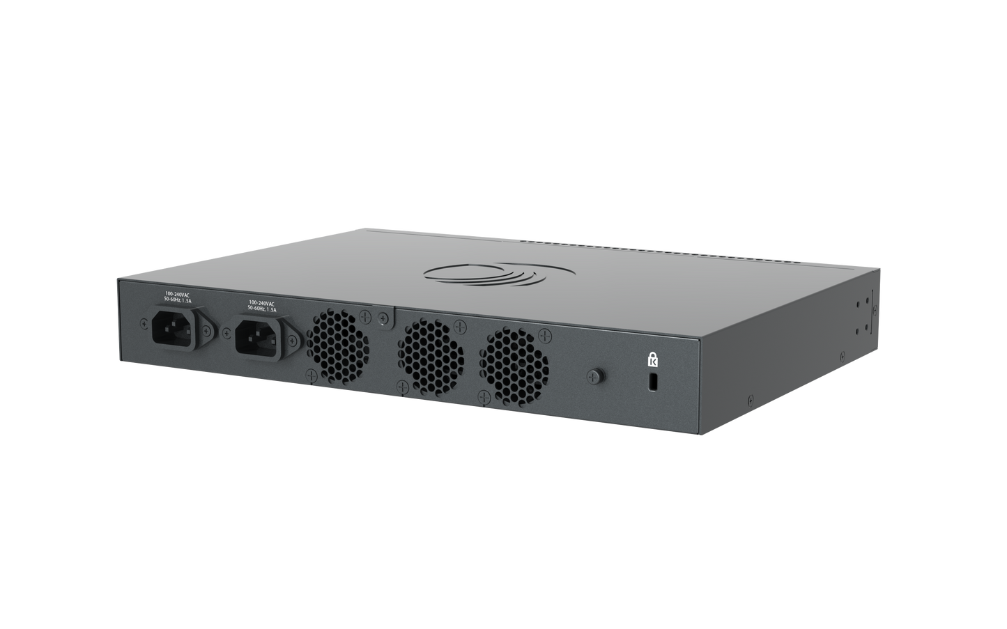 Rear panel of Cambium cnMatrix EX3024F switch with gray metal, 3 vents, 2 AC PSUs