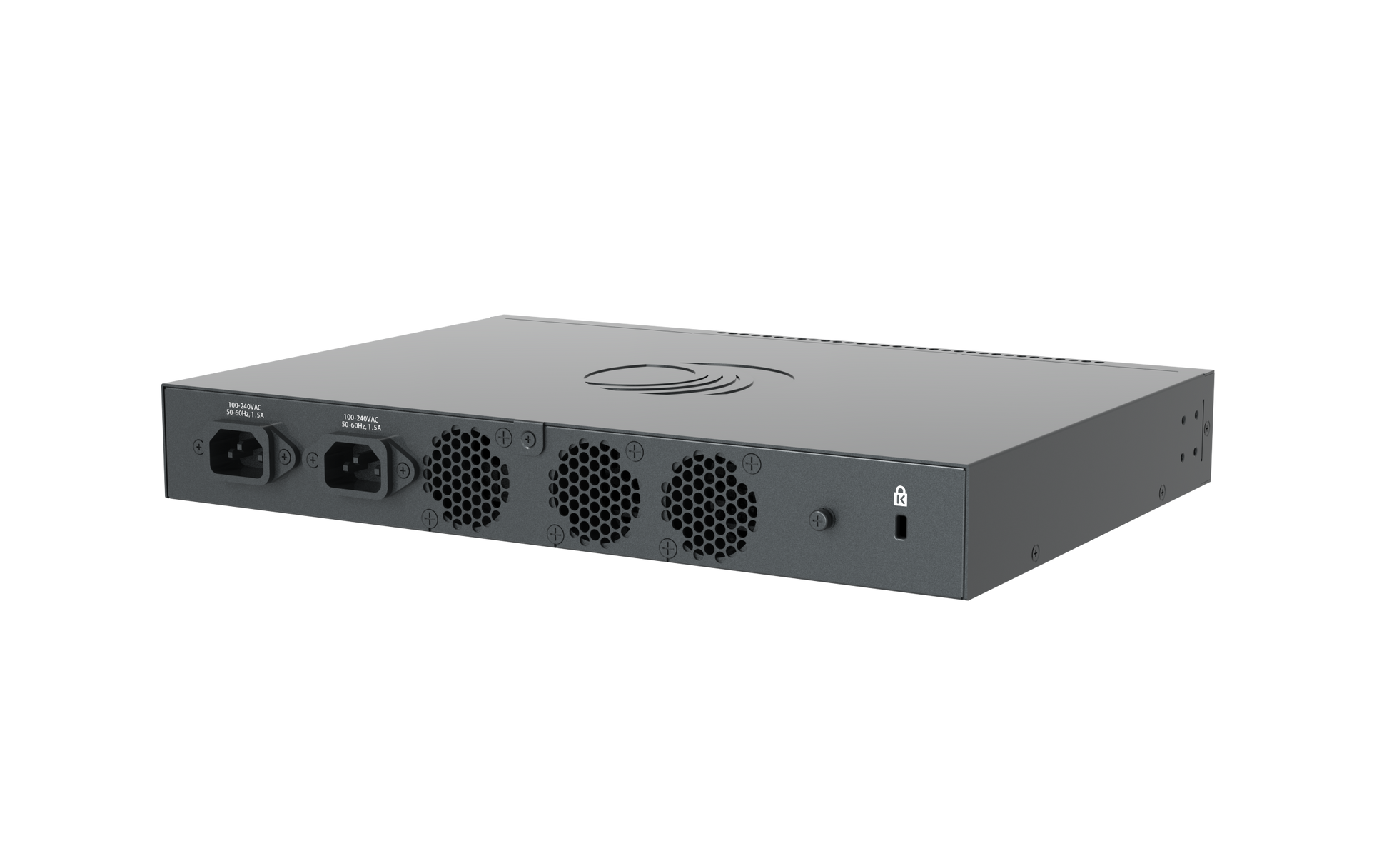 Rear panel of Cambium cnMatrix EX3024F switch with gray metal, 3 vents, 2 AC PSUs