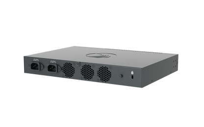 Rear panel of Cambium cnMatrix EX3024F switch with gray metal, 3 vents, 2 AC PSUs