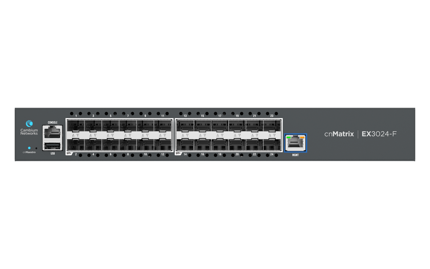 Cambium cnMatrix EX3024F 24x 10G SFP+ switch with gray chassis and black ports