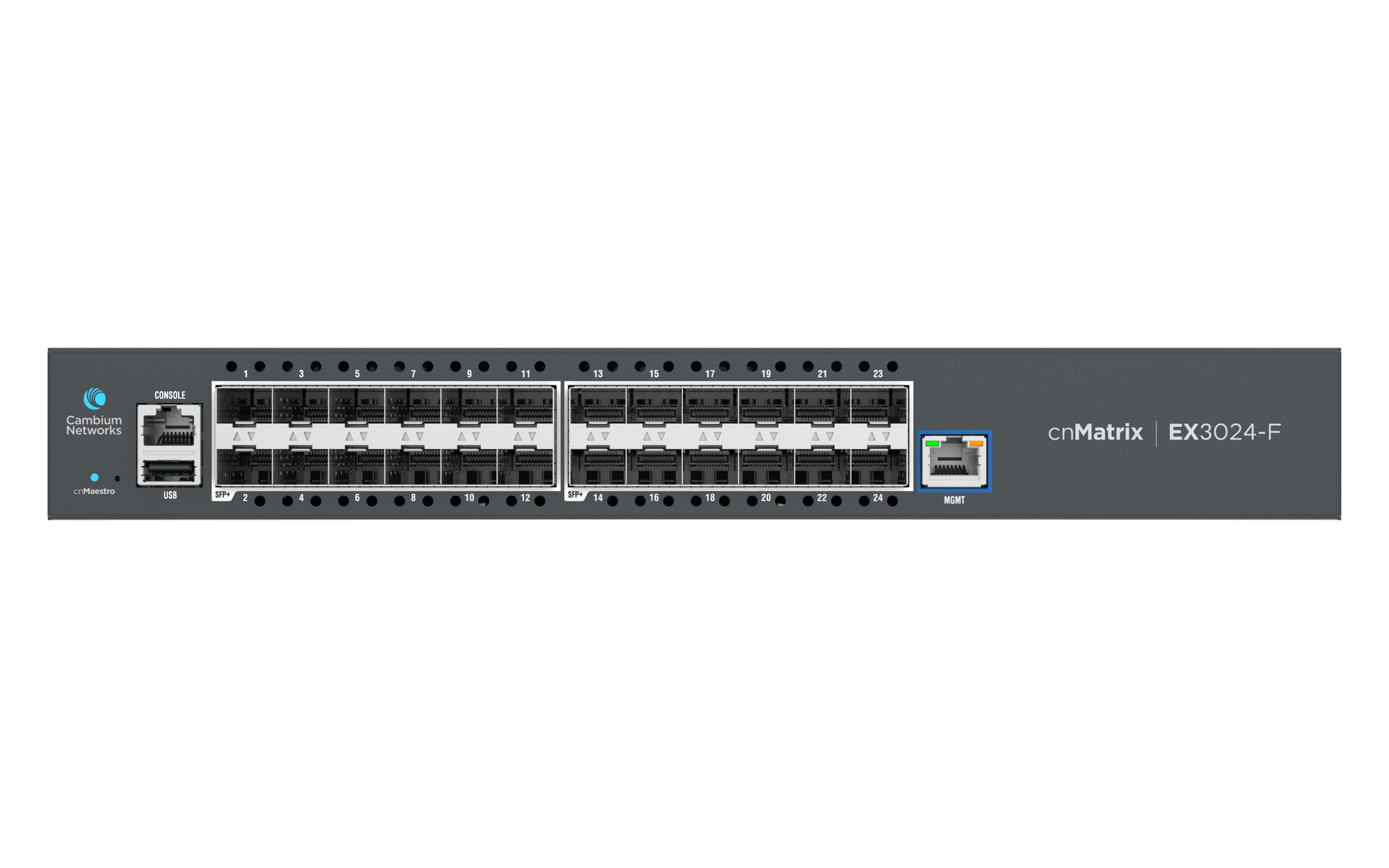 Cambium cnMatrix EX3024F 24x 10G SFP+ switch with gray chassis and black ports