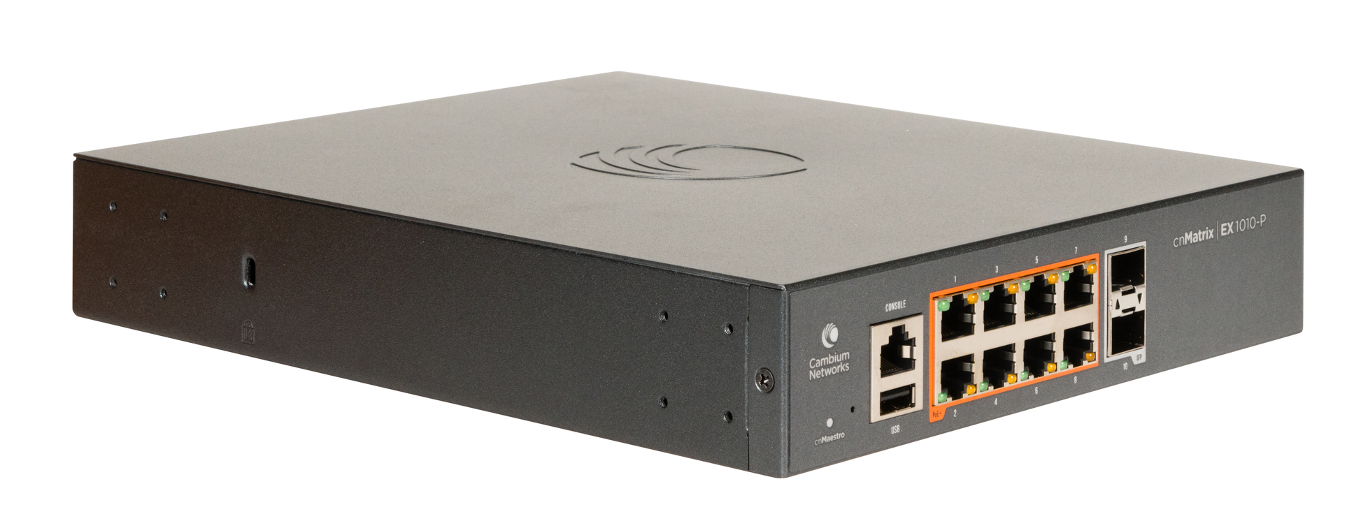 Cambium cnMatrix EX1010-P switch with black body, orange PoE ports, logo