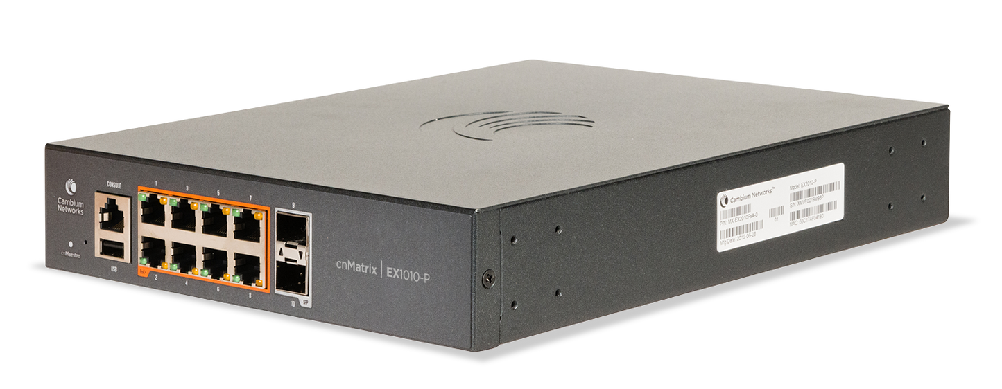 Cambium cnMatrix EX1010-P switch with 8 PoE GbE ports, 2 SFP uplinks
