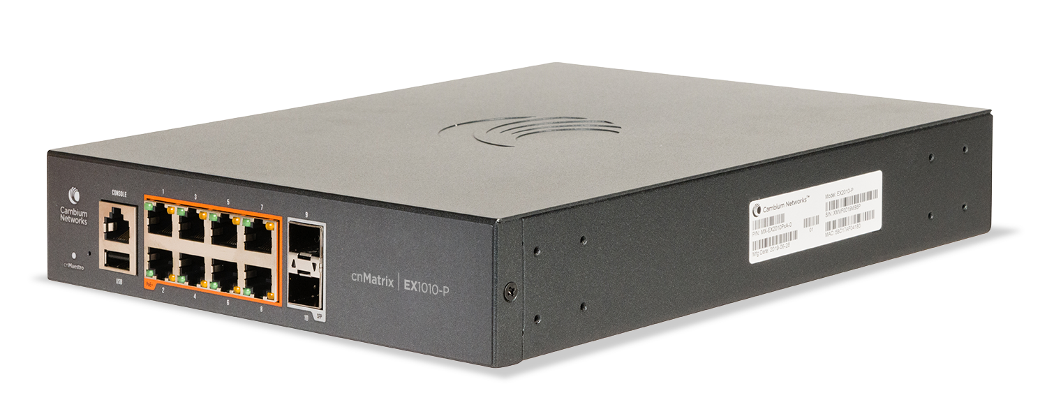 Cambium cnMatrix EX1010-P switch with 8 PoE GbE ports, 2 SFP uplinks