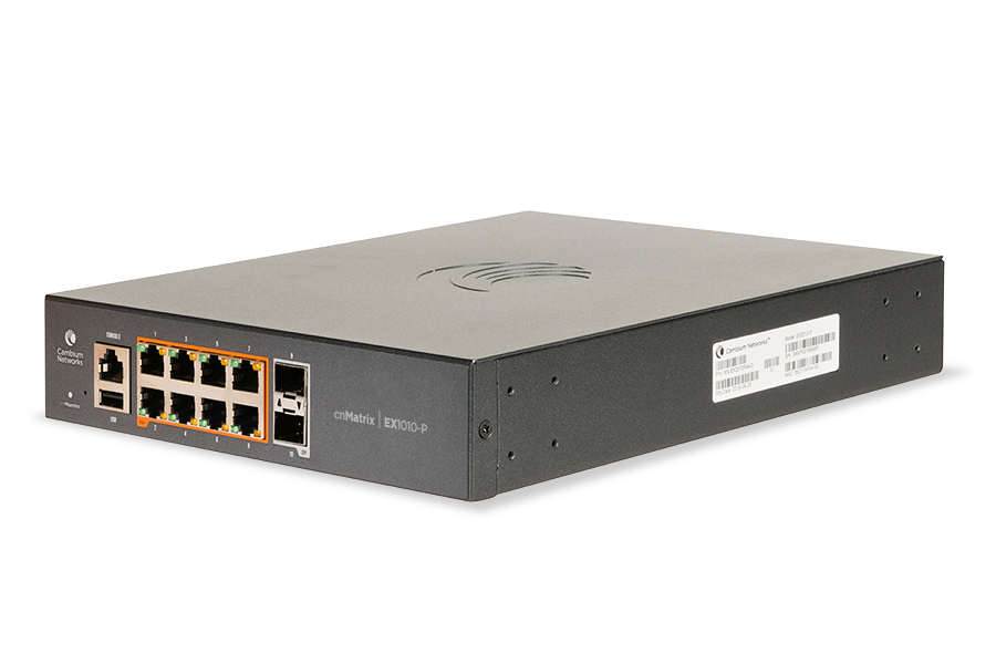 Cambium cnMatrix EX1010-P switch with 8 PoE GbE ports, 2 SFP, USB
