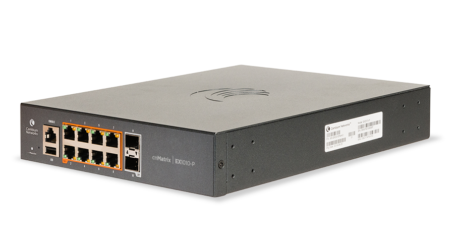 Cambium cnMatrix EX1010-P switch with 8 PoE ports, gray metal