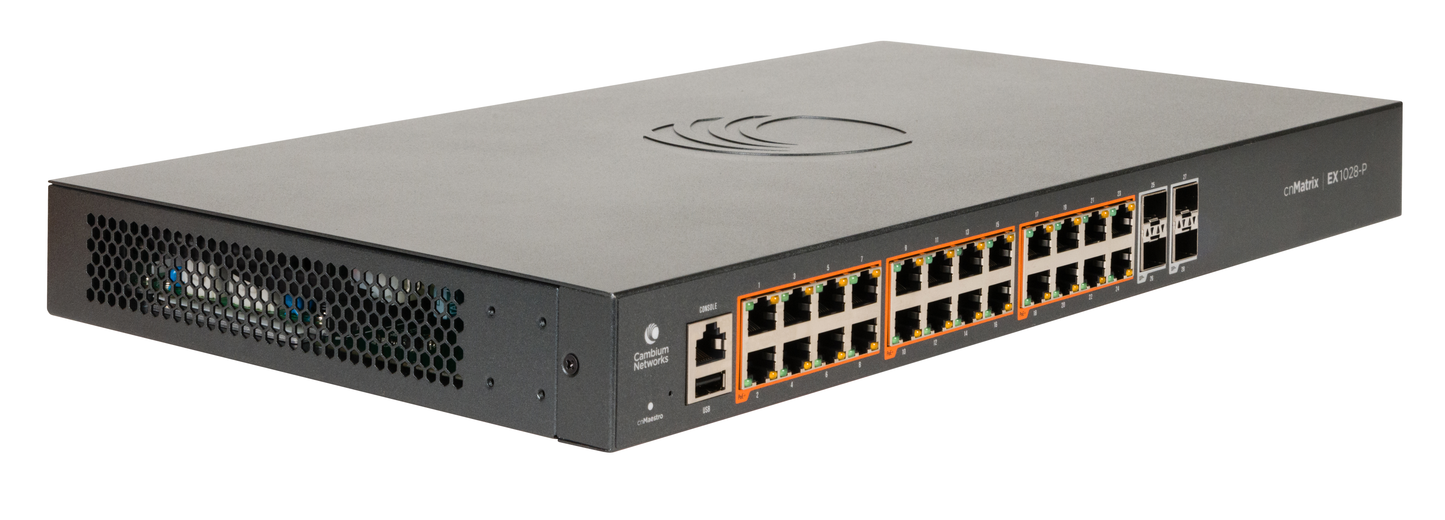 Cambium Networks cnMatrix EX1028-P black metal switch with 24 PoE+ ports