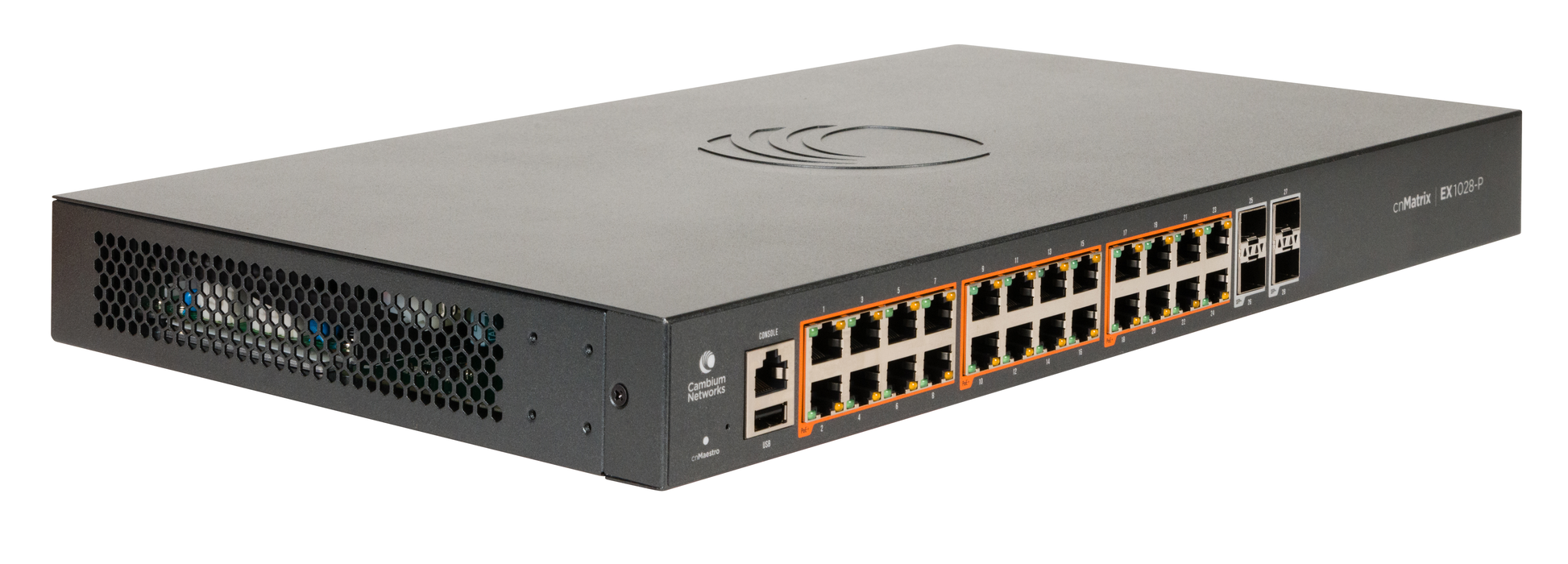 Cambium Networks cnMatrix EX1028-P black metal switch with 24 PoE+ ports